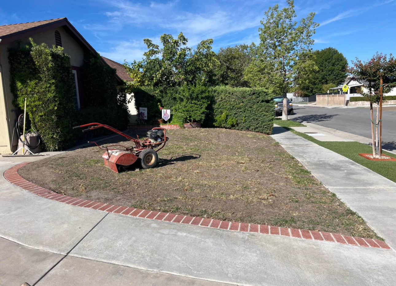 Dead front lawn tilled up inside brick border