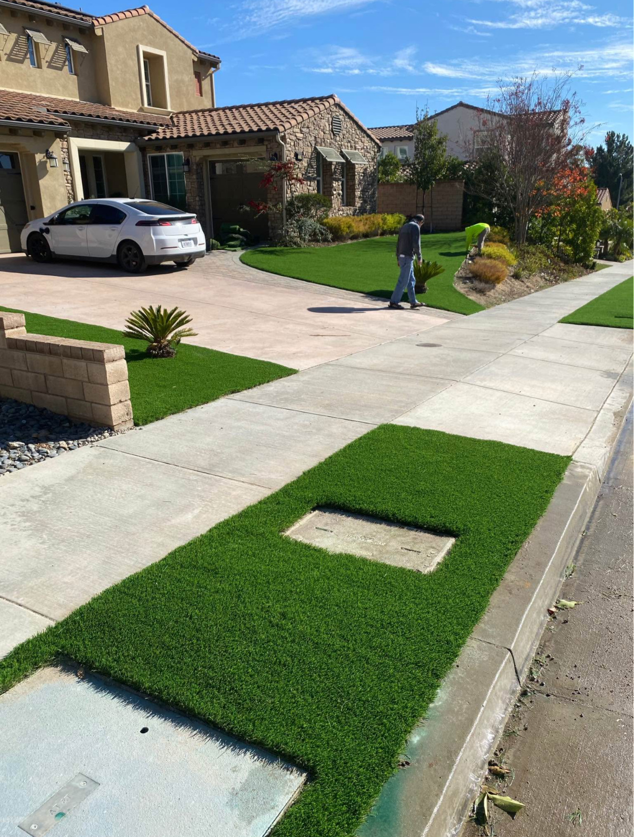 Parkway strip finished with clean-cut turf around utility lids